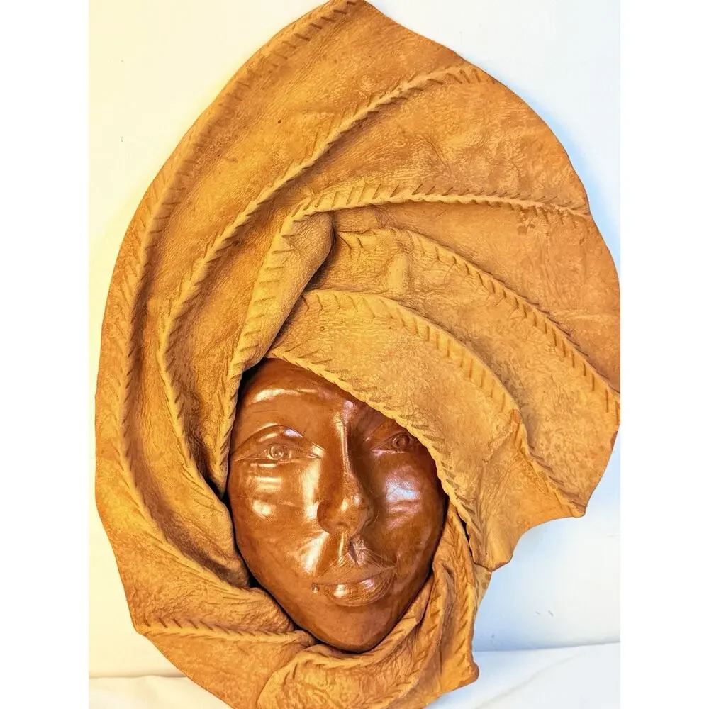Leather Sculped Hand Tooled Molded Face Mask Wall Decor Folk Art 16x12